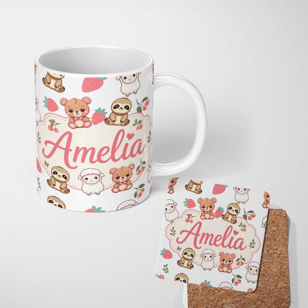 Personalized Custom Name Cute Baby Animals Bear Sheep Sloth Strawberry Cherry Light Grey 11oz Ceramic Coffee Tea Mug White Large Handle