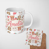 Personalized Custom Name Cute Baby Animals Bear Sheep Sloth Strawberry Cherry Light Grey 11oz Ceramic Coffee Tea Mug White Large Handle