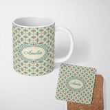 Personalized Custom Name Classic Floral Tile Pattern Cream Teal and Red Seamless Pattern 11oz Ceramic Coffee Tea Mug White Large Handle