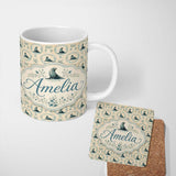 Personalized Custom Name Elegant Seal Cameo Frames with Floral Vintage Beige Seamless Pattern 11oz Ceramic Coffee Tea Mug White Large Handle
