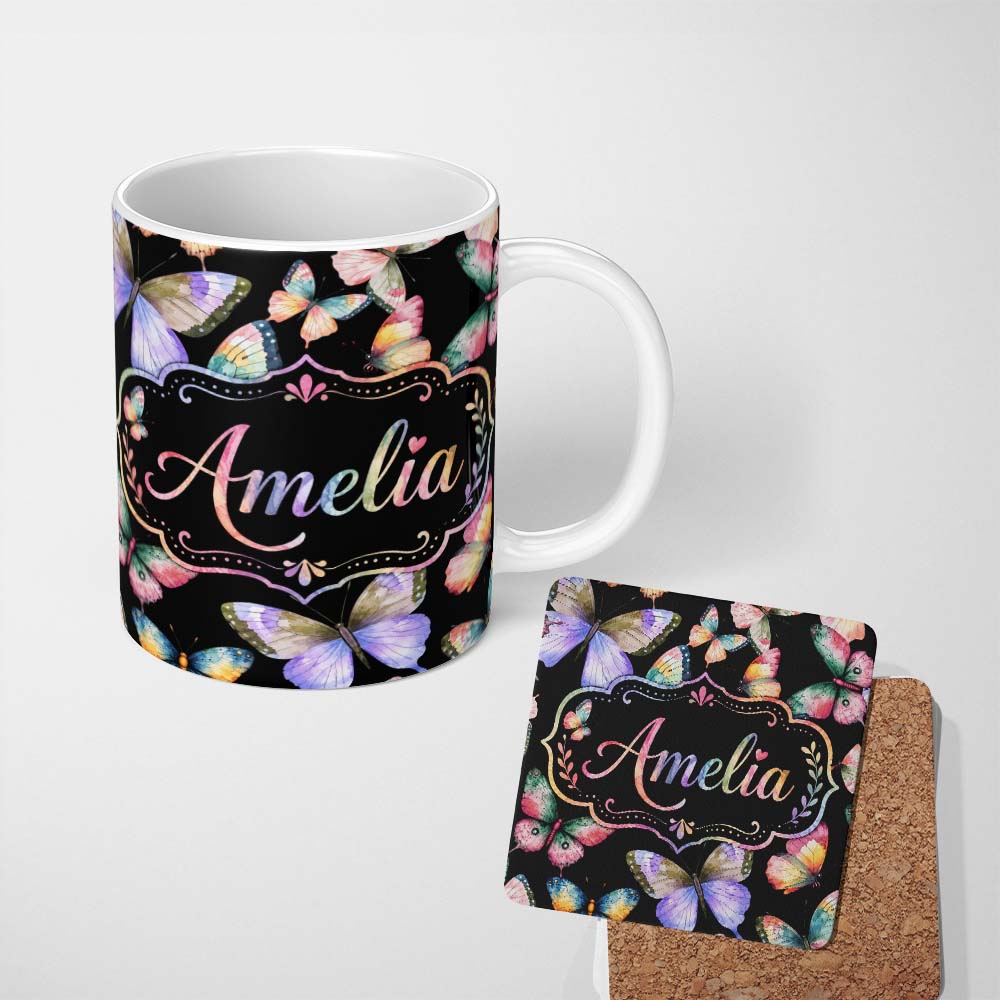 Personalized Custom Name Colorful Watercolor Butterflies on Black Background Seamless 11oz Ceramic Coffee Tea Mug White Large Handle