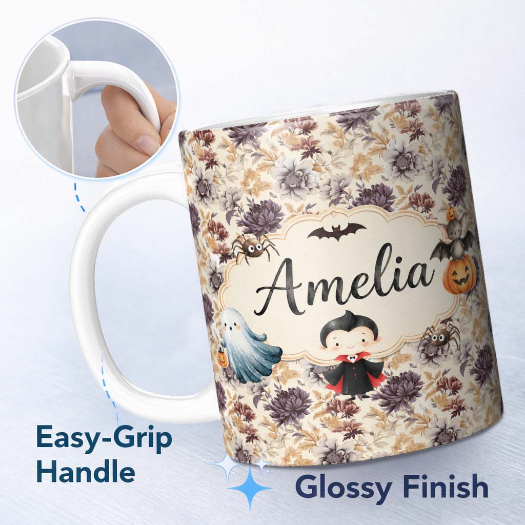 Personalized Custom Name Vintage Floral Chrysanthemum Flowers on Cream Background Seamless 11oz Ceramic Coffee Tea Mug White Large Handle