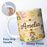 Personalized Custom Name Cute Farm Girl Animals Harvest Seamless Pattern Yellow Background 11oz Ceramic Coffee Tea Mug White Large Handle