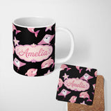 Personalized Custom Name Cute Pink Dolphins and Starfish Seamless Ocean Light Grey Background 11oz Ceramic Coffee Tea Mug White Large Handle