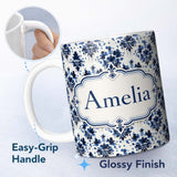 Personalized Custom Name Navy Blue Floral Ink Blot Damask Seamless Pattern Cute Unique Gift 11oz Ceramic Coffee Tea Mug White Large Handle