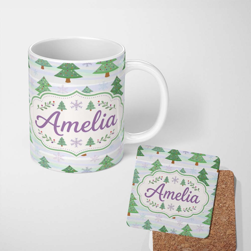 Personalized Custom Name Pastel Christmas Trees with Snowflakes and Soft Stripes Seamless 11oz Ceramic Coffee Tea Mug White Large Handle