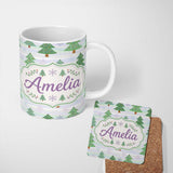 Personalized Custom Name Pastel Christmas Trees with Snowflakes and Soft Stripes Seamless 11oz Ceramic Coffee Tea Mug White Large Handle