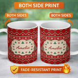 Personalized Custom Name Christmas Tree Heart Knit Pattern Red Green White Nordic Festive 11oz Ceramic Coffee Tea Mug White Large Handle