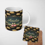 Personalized Custom Name Pink Cherry Cake Seamless Pattern Cute Dessert Sweet Food Design 11oz Ceramic Coffee Tea Mug White Large Handle