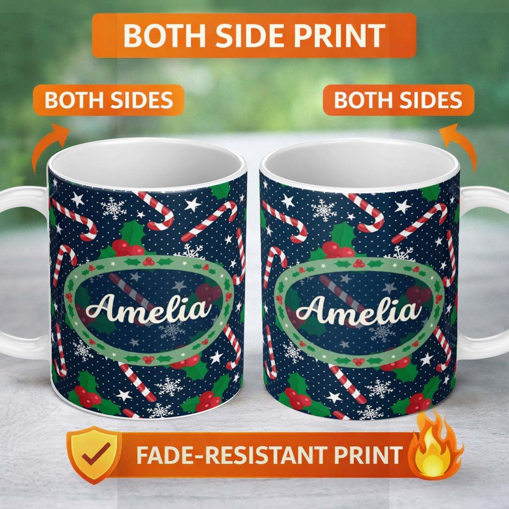 Personalized Custom Name Dark Winter Candy Cane Holly Snowflake Night Seamless Pattern Lovely 11oz Ceramic Coffee Tea Mug White Large Handle