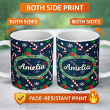 Personalized Custom Name Dark Winter Candy Cane Holly Snowflake Night Seamless Pattern Lovely 11oz Ceramic Coffee Tea Mug White Large Handle