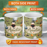 Personalized Custom Name Halloween Vampire Ghost Bats Spooky Characters Olive Green Seamless 11oz Ceramic Coffee Tea Mug White Large Handle