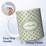 Personalized Custom Name Classic Floral Tile Pattern Cream Teal and Red Seamless Pattern 11oz Ceramic Coffee Tea Mug White Large Handle