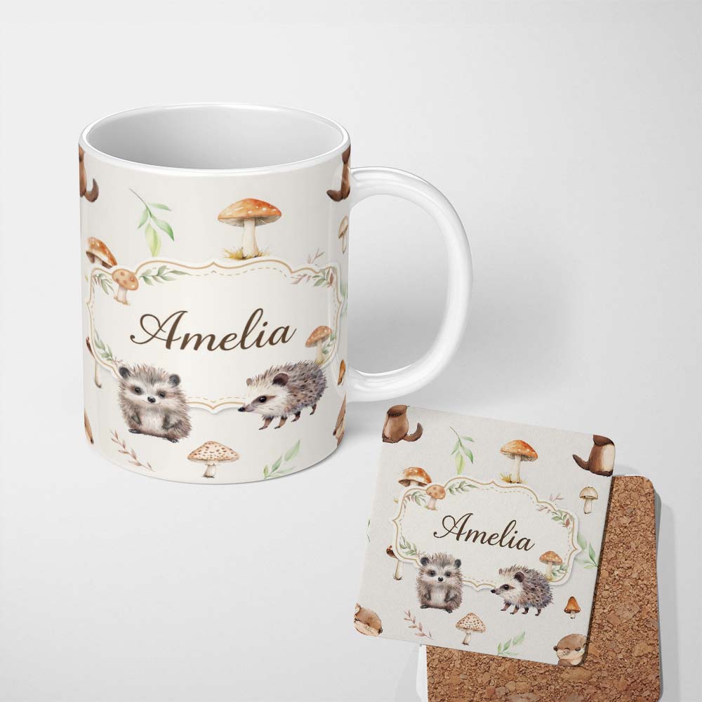 Personalized Custom Name Cute Woodland Hedgehog Mushrooms Leaves Seamless Soft Grey 11oz Ceramic Coffee Tea Mug White Large Handle
