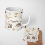 Personalized Custom Name Cute Woodland Hedgehog Mushrooms Leaves Seamless Soft Grey 11oz Ceramic Coffee Tea Mug White Large Handle