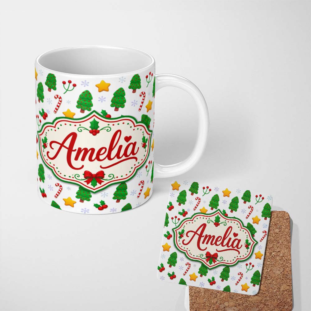 Personalized Custom Name Cute Christmas Trees Stars Holly Candy Cane Seamless Pattern Lovely 11oz Ceramic Coffee Tea Mug White Large Handle