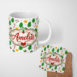 Personalized Custom Name Cute Christmas Trees Stars Holly Candy Cane Seamless Pattern Lovely 11oz Ceramic Coffee Tea Mug White Large Handle