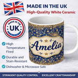 Personalized Custom Name Blue Galaxy Gold Stars Glitter Christmas Seamless Pattern Lovely 11oz Ceramic Coffee Tea Mug White Large Handle