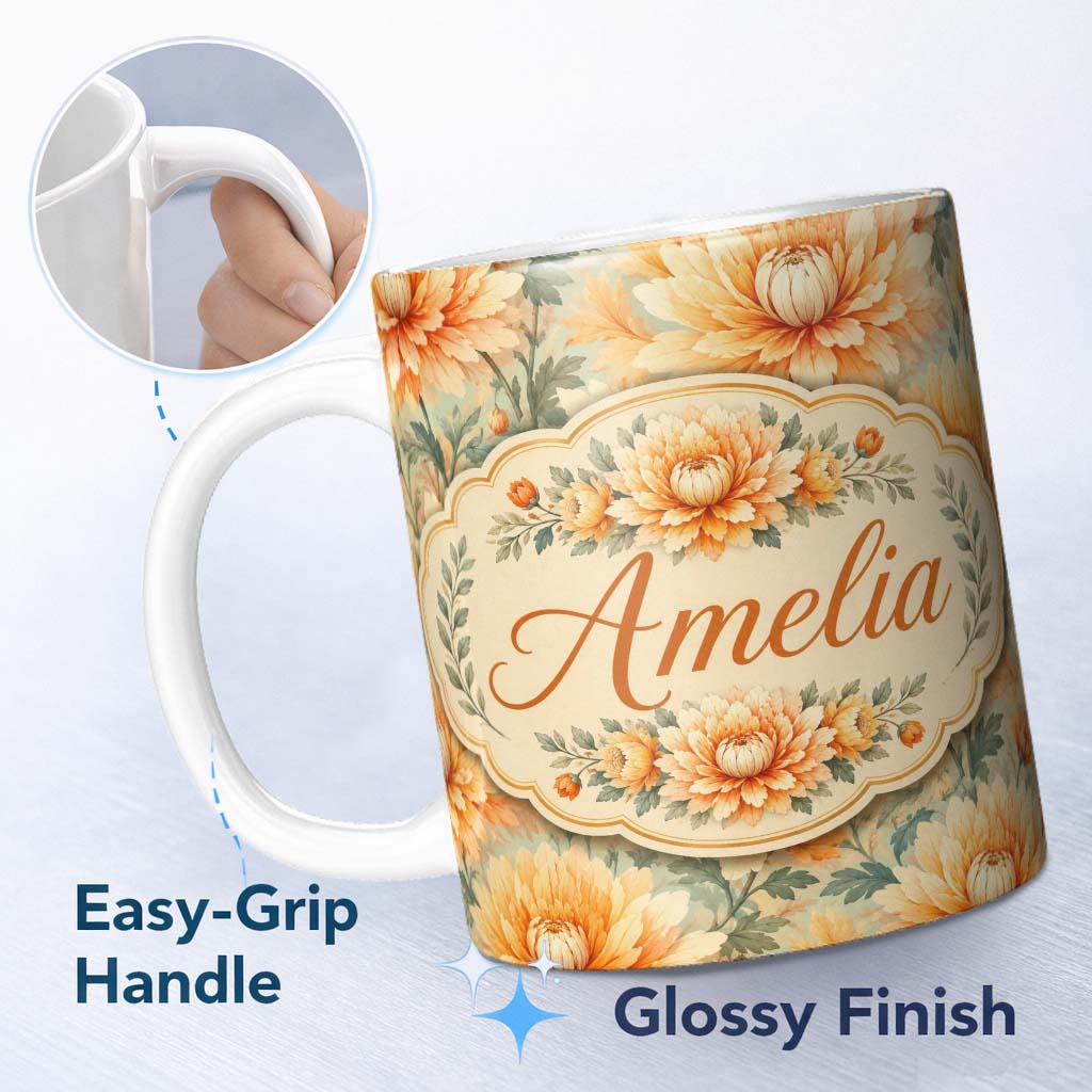 Personalized Custom Name Vintage Orange Floral Seamless Pattern Garden Flowers Botanical 11oz Ceramic Coffee Tea Mug White Large Handle