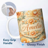 Personalized Custom Name Vintage Orange Floral Seamless Pattern Garden Flowers Botanical 11oz Ceramic Coffee Tea Mug White Large Handle