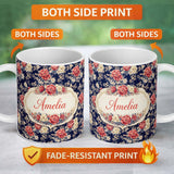 Personalized Custom Name Antique Style Cream Floral Botanical Seamless Pattern Neutral Lovely 11oz Ceramic Coffee Tea Mug White Large Handle