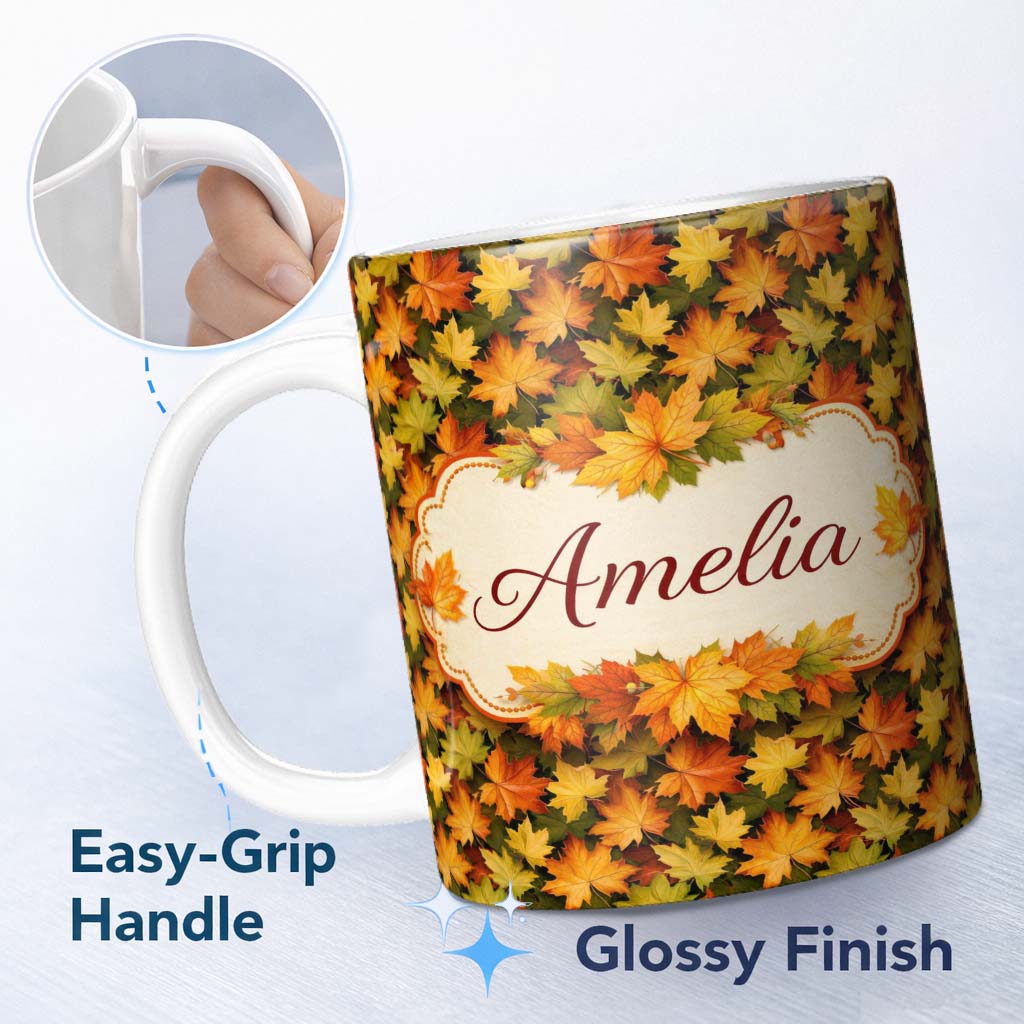 Personalized Custom Name Vibrant Autumn Leaf Pattern with Mixed Maple Leaves on Dark Lovely 11oz Ceramic Coffee Tea Mug White Large Handle