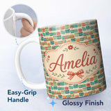 Personalized Custom Name Colorful Modern Picnic Baskets Geometric Style Seamless Pattern 11oz Ceramic Coffee Tea Mug White Large Handle