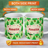 Personalized Custom Name Bright Green Christmas Trees with Gifts Candy Canes and Ornaments 11oz Ceramic Coffee Tea Mug White Large Handle