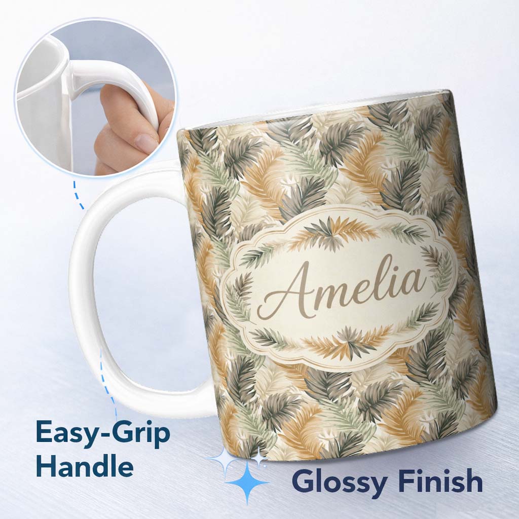 Personalized Custom Name Earthy Toned Palm Leaf Botanical Seamless Pattern Cute Unique Gift 11oz Ceramic Coffee Tea Mug White Large Handle