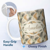 Personalized Custom Name Earthy Toned Palm Leaf Botanical Seamless Pattern Cute Unique Gift 11oz Ceramic Coffee Tea Mug White Large Handle