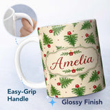 Personalized Custom Name Simple Green Christmas Trees Minimal Seamless Pattern Lovely 11oz Ceramic Coffee Tea Mug White Large Handle