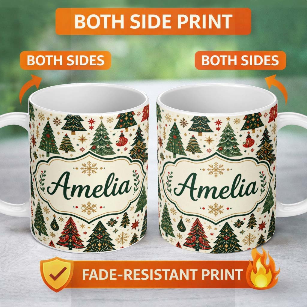 Personalized Custom Name Decorative Christmas Tree Motifs with Snowflakes and Starbursts 11oz Ceramic Coffee Tea Mug White Large Handle