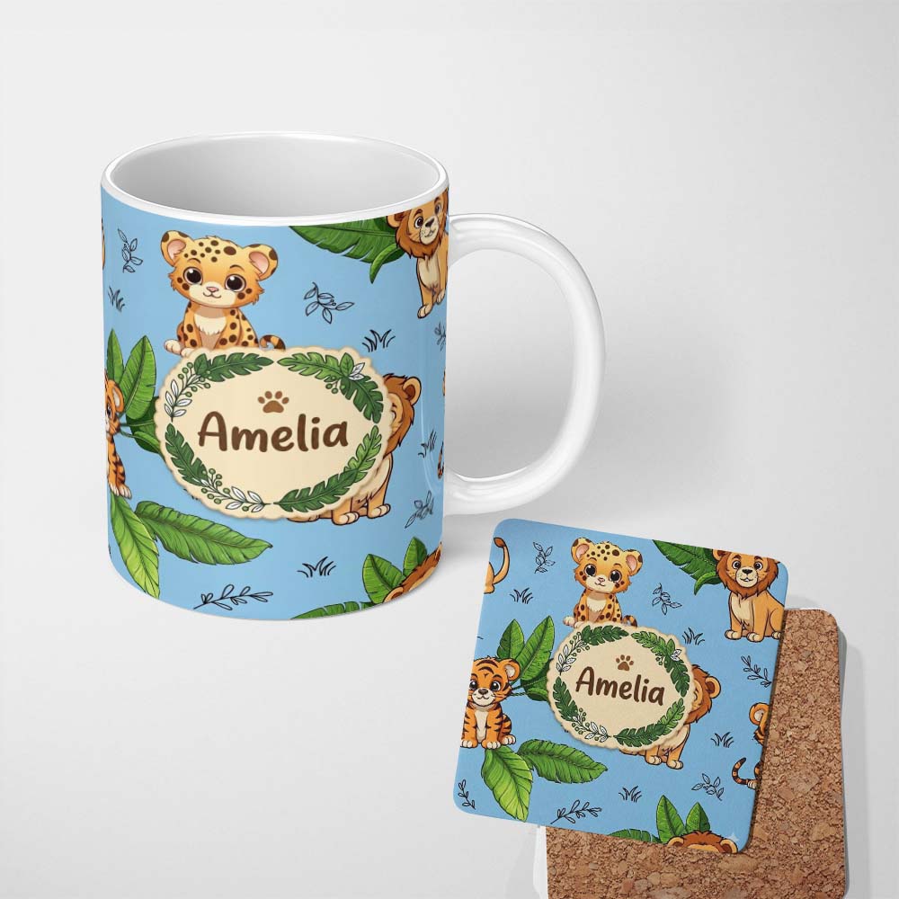 Personalized Custom Name Cute Jungle Animals Light Background Seamless Pattern Lovely 11oz Ceramic Coffee Tea Mug White Large Handle