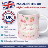 Personalized Custom Name Strawberry Cherry Bow Seamless Pattern Pink Frame Cute Coquette 11oz Ceramic Coffee Tea Mug White Large Handle