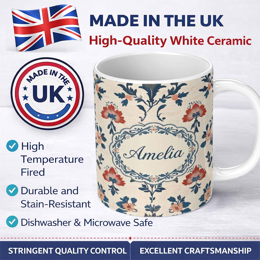 Personalized Custom Name Traditional Blue Red Floral Folk Art Seamless Pattern Lovely 11oz Ceramic Coffee Tea Mug White Large Handle
