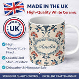 Personalized Custom Name Traditional Blue Red Floral Folk Art Seamless Pattern Lovely 11oz Ceramic Coffee Tea Mug White Large Handle