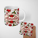Personalized Custom Name Festive Poinsettia Holly Candy Cane Cinnamon Seamless Pattern Lovely 11oz Ceramic Coffee Tea Mug White Large Handle