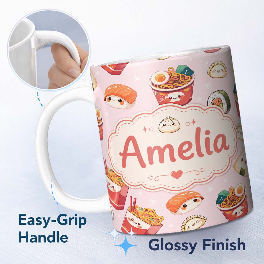 Personalized Custom Name Cute Kawaii Sushi Ramen Dumpling Food Pink Background Seamless 11oz Ceramic Coffee Tea Mug White Large Handle