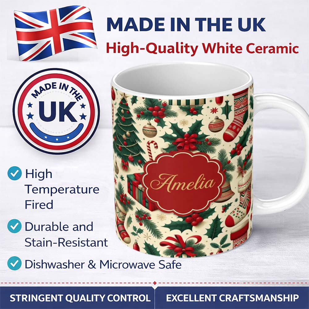 Personalized Custom Name Christmas Holly Gift Stocking Candy Cane Festive Seamless Pattern 11oz Ceramic Coffee Tea Mug White Large Handle