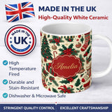 Personalized Custom Name Christmas Holly Gift Stocking Candy Cane Festive Seamless Pattern 11oz Ceramic Coffee Tea Mug White Large Handle