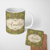 Personalized Custom Name Art Nouveau Butterflies and Floral Garden Seamless Pattern Lovely 11oz Ceramic Coffee Tea Mug White Large Handle