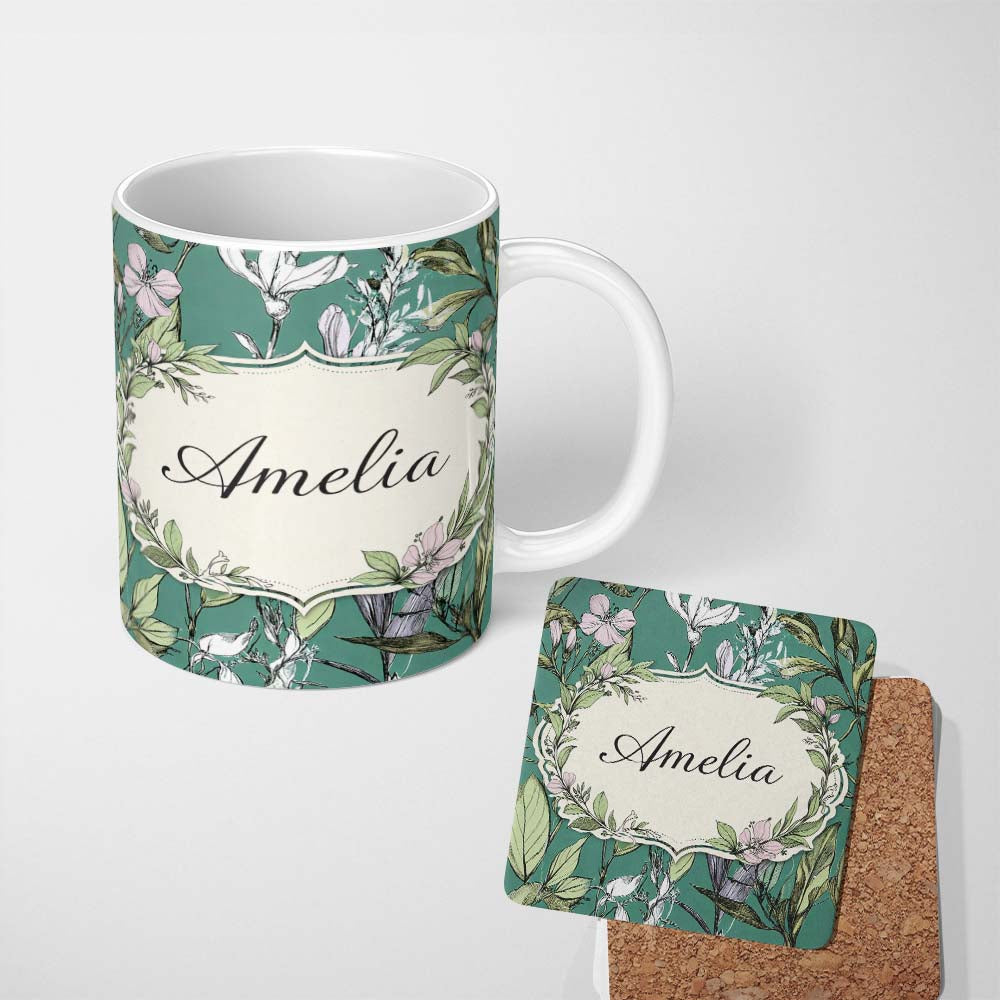 Personalized Custom Name Vintage Botanical Floral Sketch Teal Background Seamless Pattern 11oz Ceramic Coffee Tea Mug White Large Handle