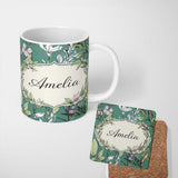 Personalized Custom Name Vintage Botanical Floral Sketch Teal Background Seamless Pattern 11oz Ceramic Coffee Tea Mug White Large Handle