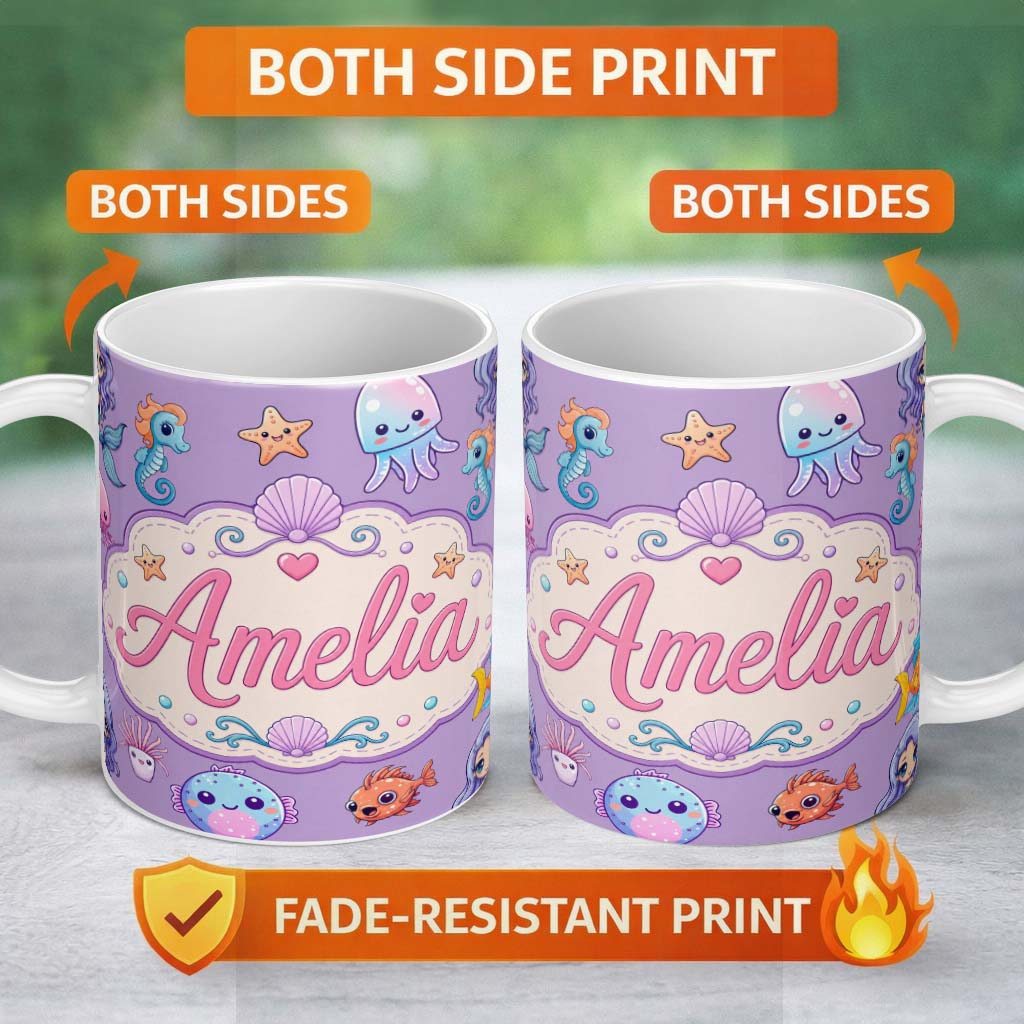 Personalized Custom Name Cute Kawaii Mermaid Seahorse Jellyfish and Starfish Purple Lovely 11oz Ceramic Coffee Tea Mug White Large Handle