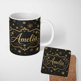 Personalized Custom Name Black Gold Snowflake Elegant Seamless Pattern Design Luxury Festive 11oz Ceramic Coffee Tea Mug White Large Handle