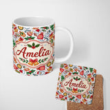 Personalized Custom Name Cute Christmas Santa Gifts Candy Snowman Seamless Pattern Lovely 11oz Ceramic Coffee Tea Mug White Large Handle