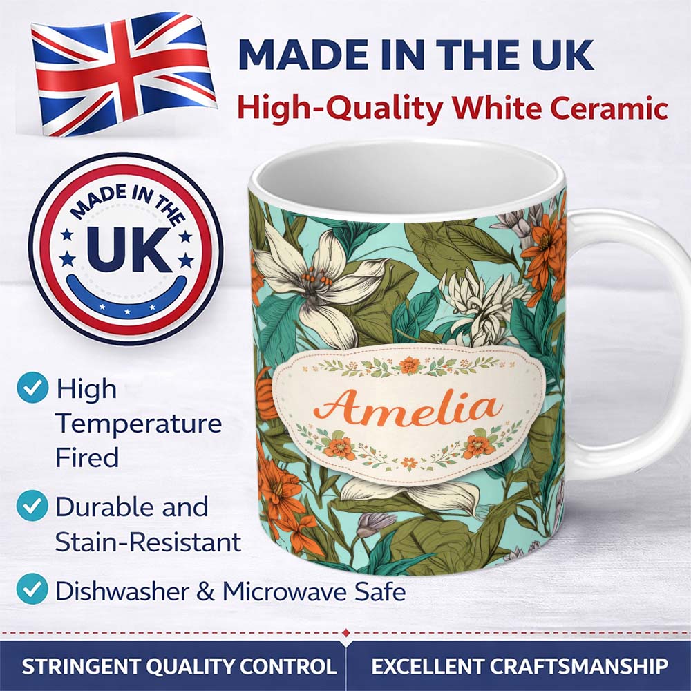 Personalized Custom Name Tropical Floral Leaves Blue Background Seamless Pattern Lovely 11oz Ceramic Coffee Tea Mug White Large Handle