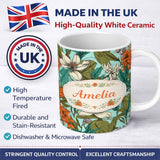 Personalized Custom Name Tropical Floral Leaves Blue Background Seamless Pattern Lovely 11oz Ceramic Coffee Tea Mug White Large Handle