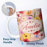 Personalized Custom Name Tropical Hibiscus Bird of Paradise Seamless Pattern Peach Background 11oz Ceramic Coffee Tea Mug White Large Handle