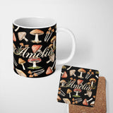 Personalized Custom Name Watercolor Woodland Mushroom Botanical Seamless Pattern Lovely 11oz Ceramic Coffee Tea Mug White Large Handle